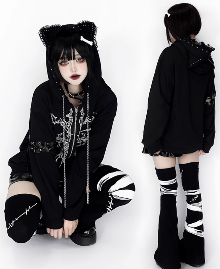 Jirai Kei Coat Zipper Hoodie Cat Ear Hooded Jacket 39668:636382