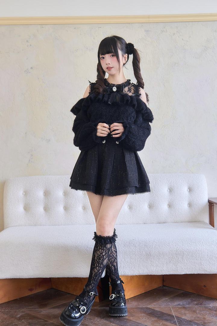 Jirai Kei Sweater Lace Frill Collar Knit Sweater With Bow 41680:711736