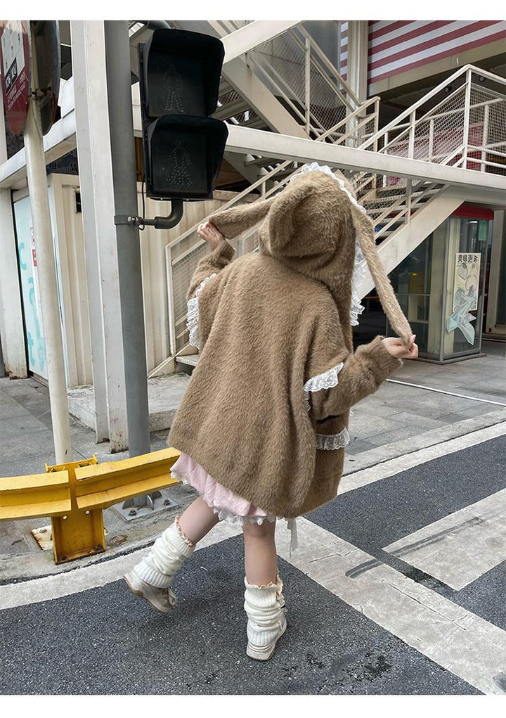 Kawaii Coat Sweater Bunny Ear Lace Knitted Hooded Cardigan 40338:665342