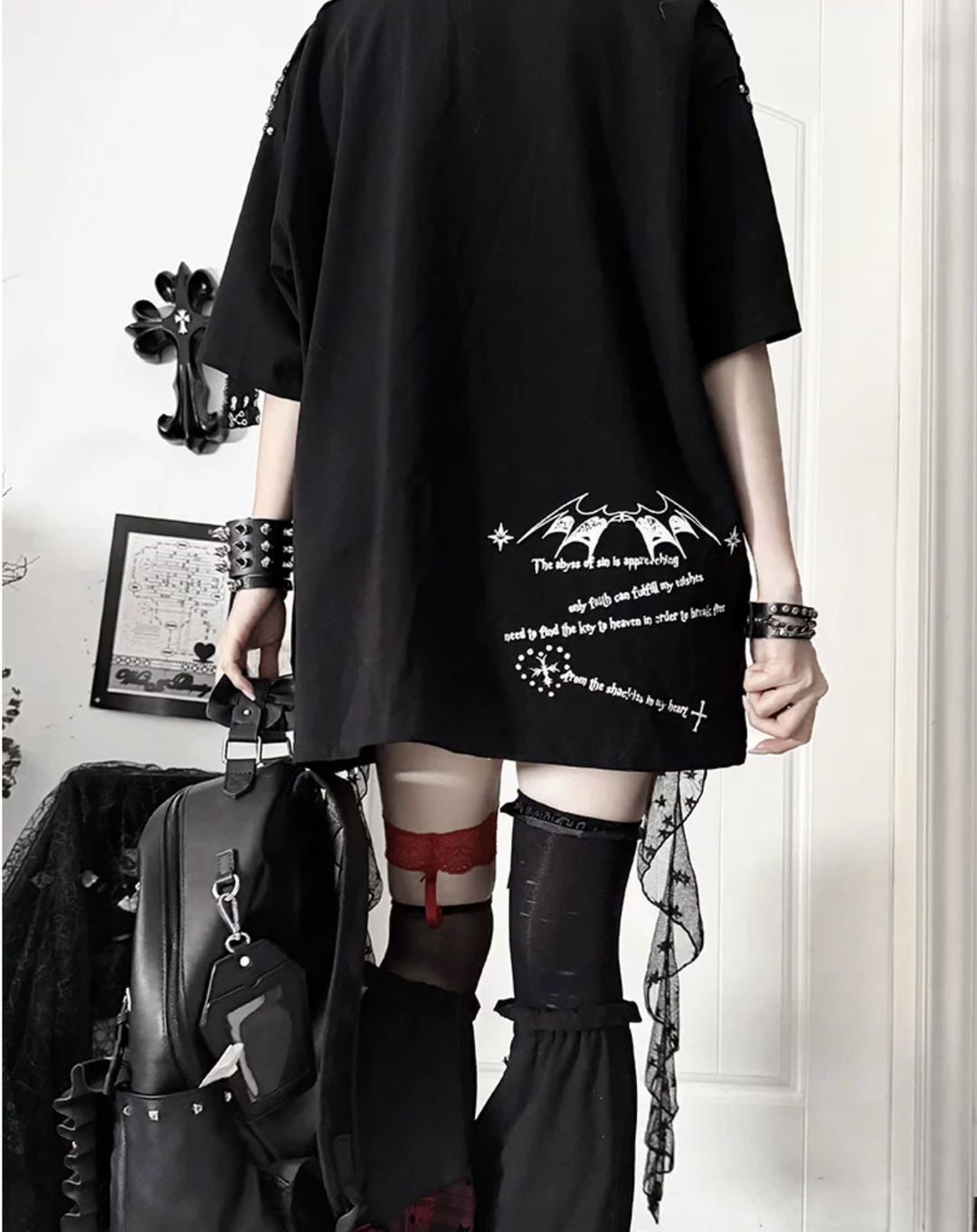 Gothic Cotton Graphic Printed T-Shirt, Detachable Choker 46061:874377