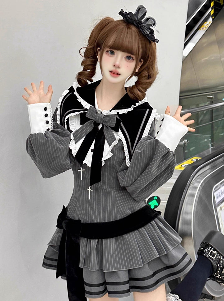 Kawaii Lolita Dress Grey OP With Long Bunny Ears and Plush Ball 42320:738136