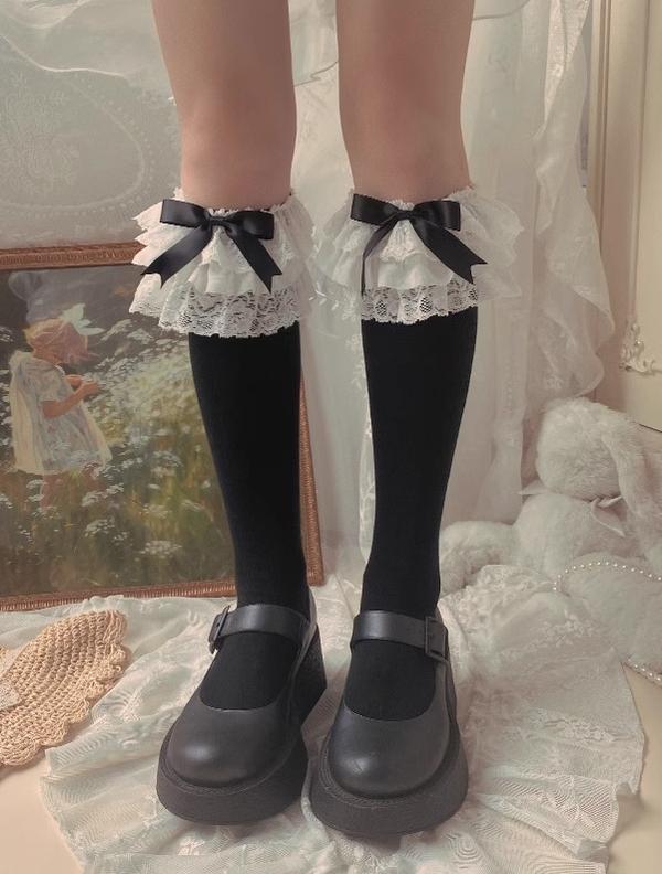 Lolita Socks Layers Lace Frill Cotton Mid-Calf Socks With Bows 42243:734853