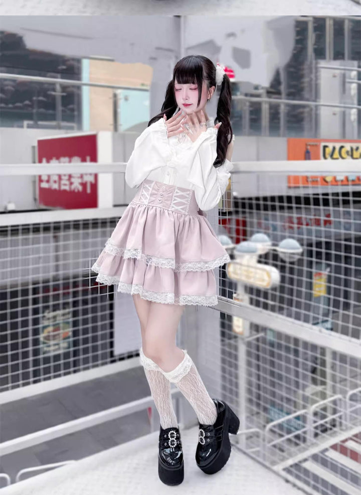 Jirai Kei Open Shoulder Blouse + Tiered Ruffles Skirt 43686:782907