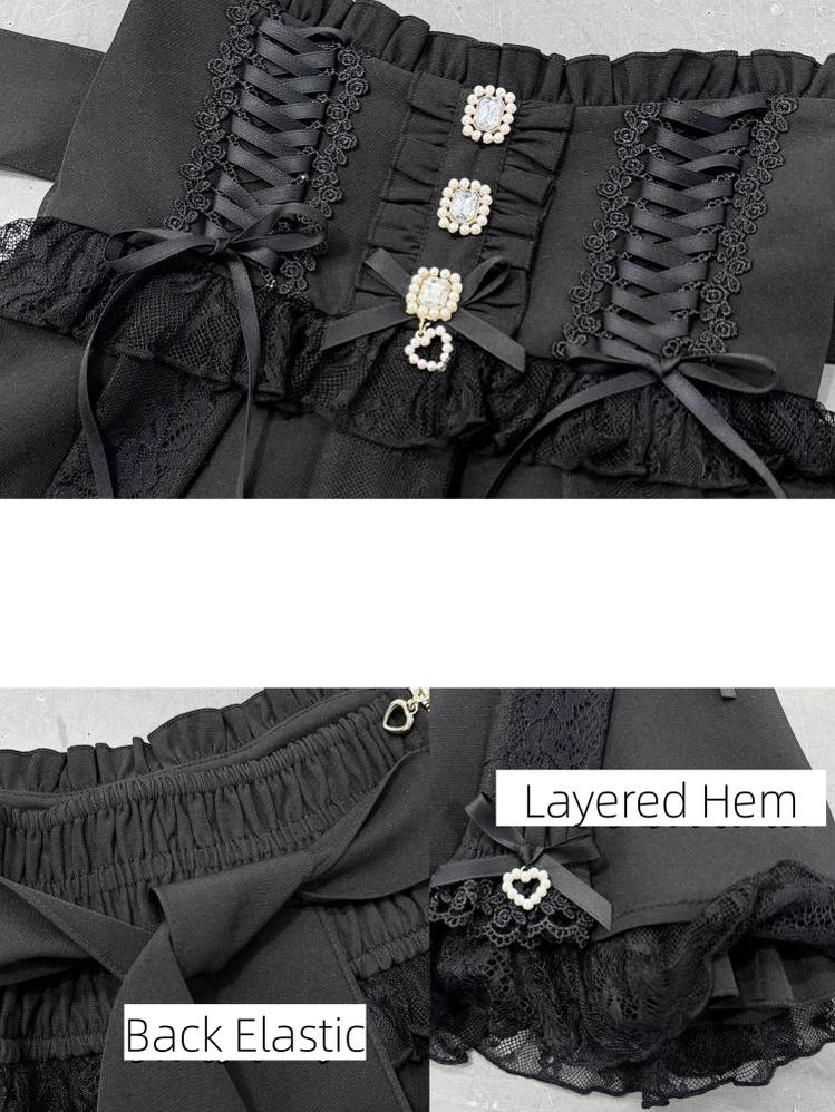 Jirai Kei High Waist Skirt, Lace Ruffle & Rhinestone 45843:865679