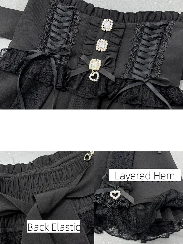 Jirai Kei High Waist Skirt, Lace Ruffle & Rhinestone 45843:865679
