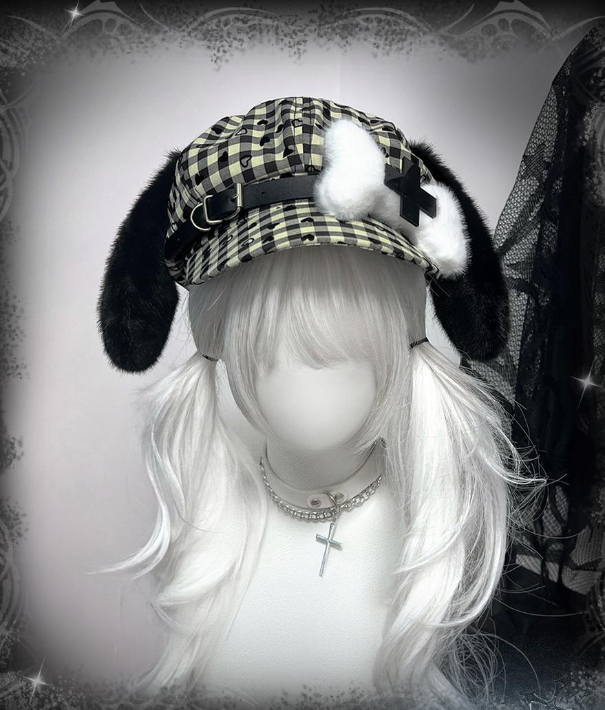 Subculture Beret Kawaii Puppy Ear Bone Plaid Hat 40952:696800