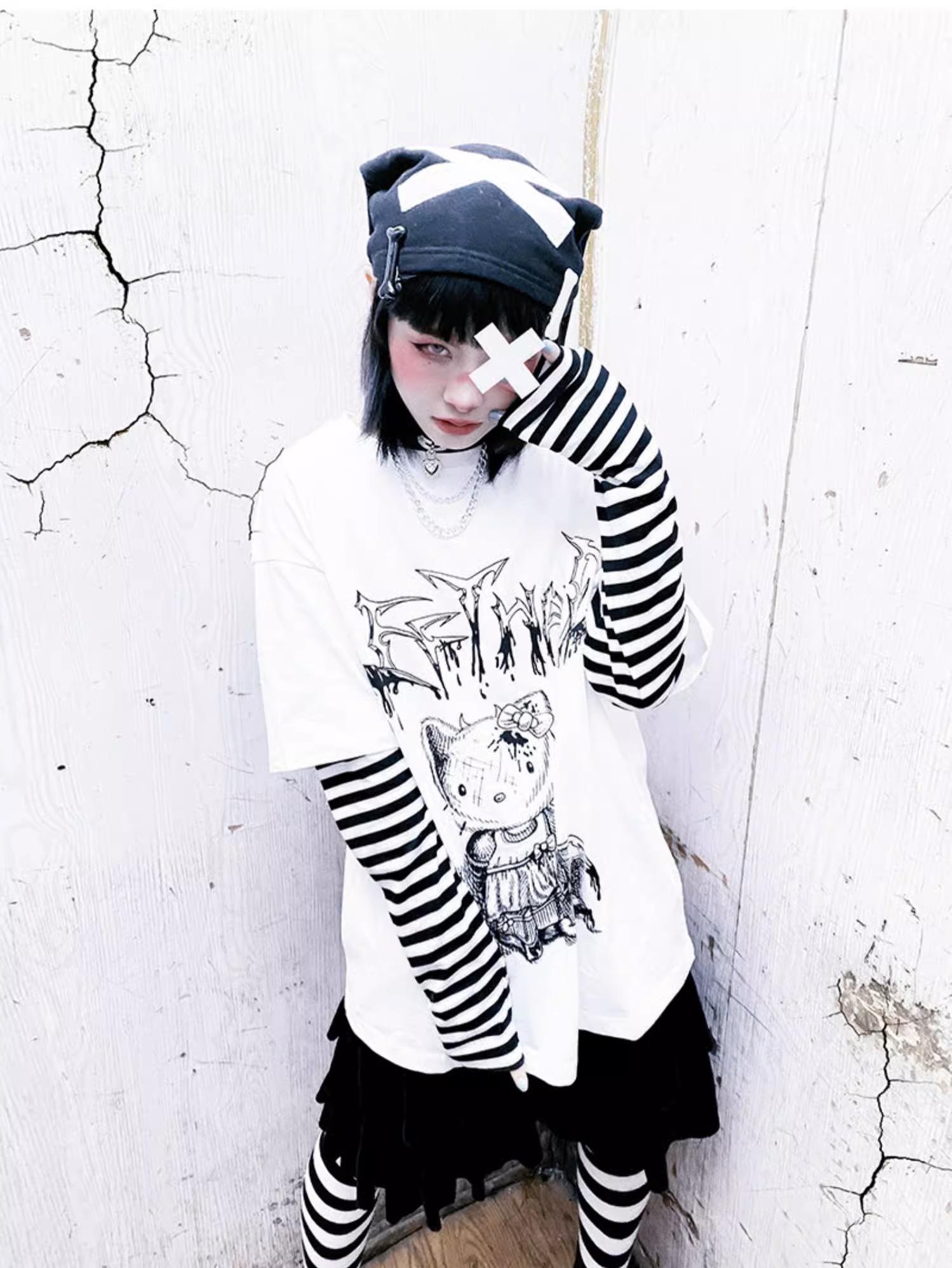 Punk Top Y2K Shirt False Two Striped Long Sleeve T-shirt