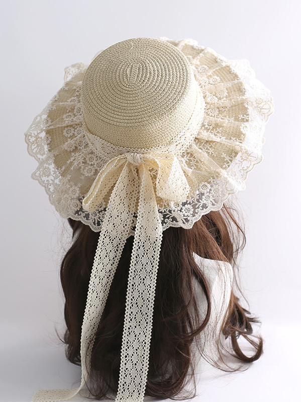 Mori Kei Sunhat Country Lolita Lace Frill Straw Hat With Ribbon Bow 42248:735442