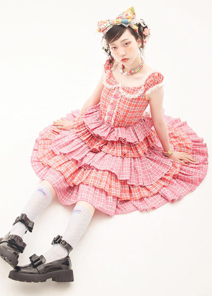 Sweet Lolita Dress Pink Plaid Dress Kawaii Layered Dress 36166:543408