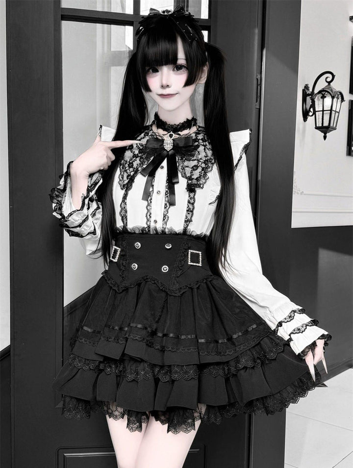 Jirai Kei Lace Blouse, High-Waist Tiered Skirt 44525:811454