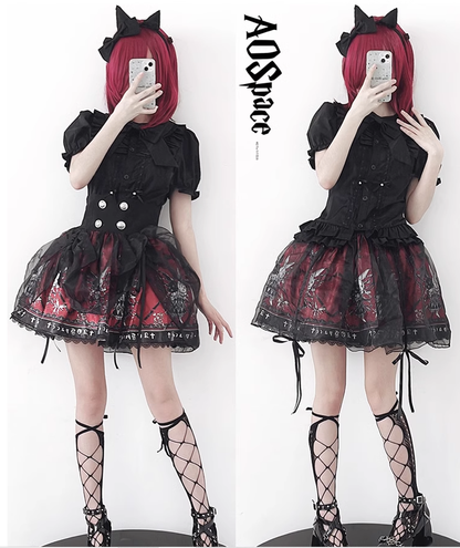 Black Lolita Skirt High-Waisted Print Skirt With Lace Trim 37562:563890