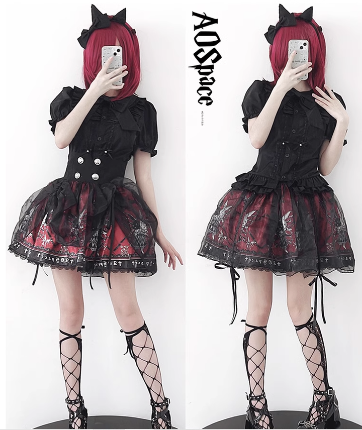 Gothic Lolita Skirt High-Waisted Print Skirt With Lace Trim 37562:563890