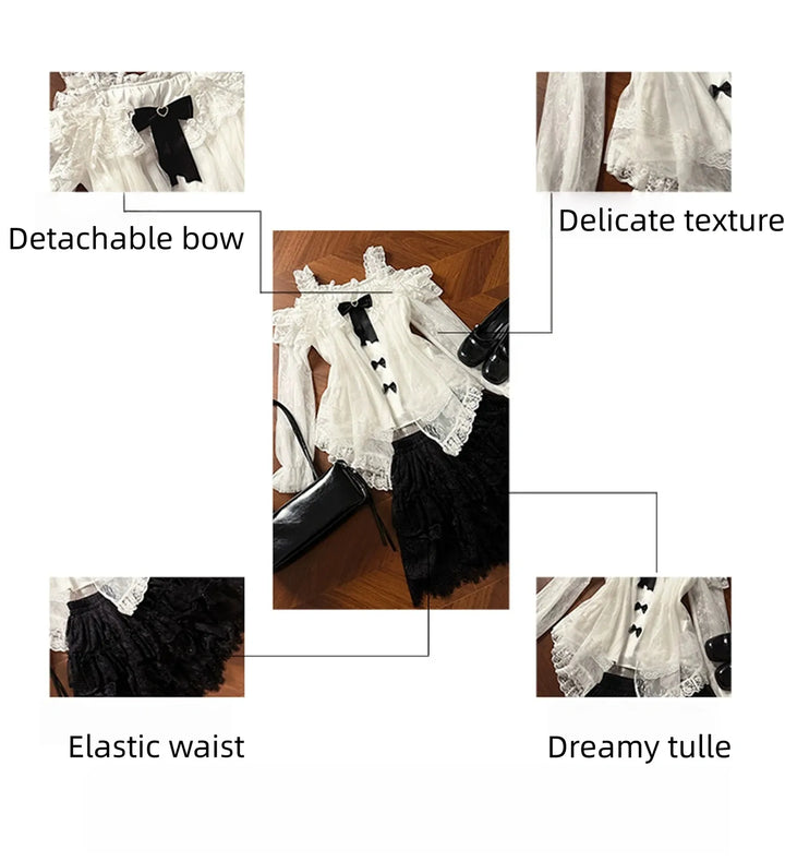 Lightweight Tulle Off Shoulder Blouse, Feather-Design Skirt 45343:850525