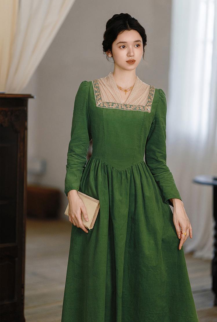 Retro Prom Dress Green Elegant Corduroy Court Dress 42200:732871