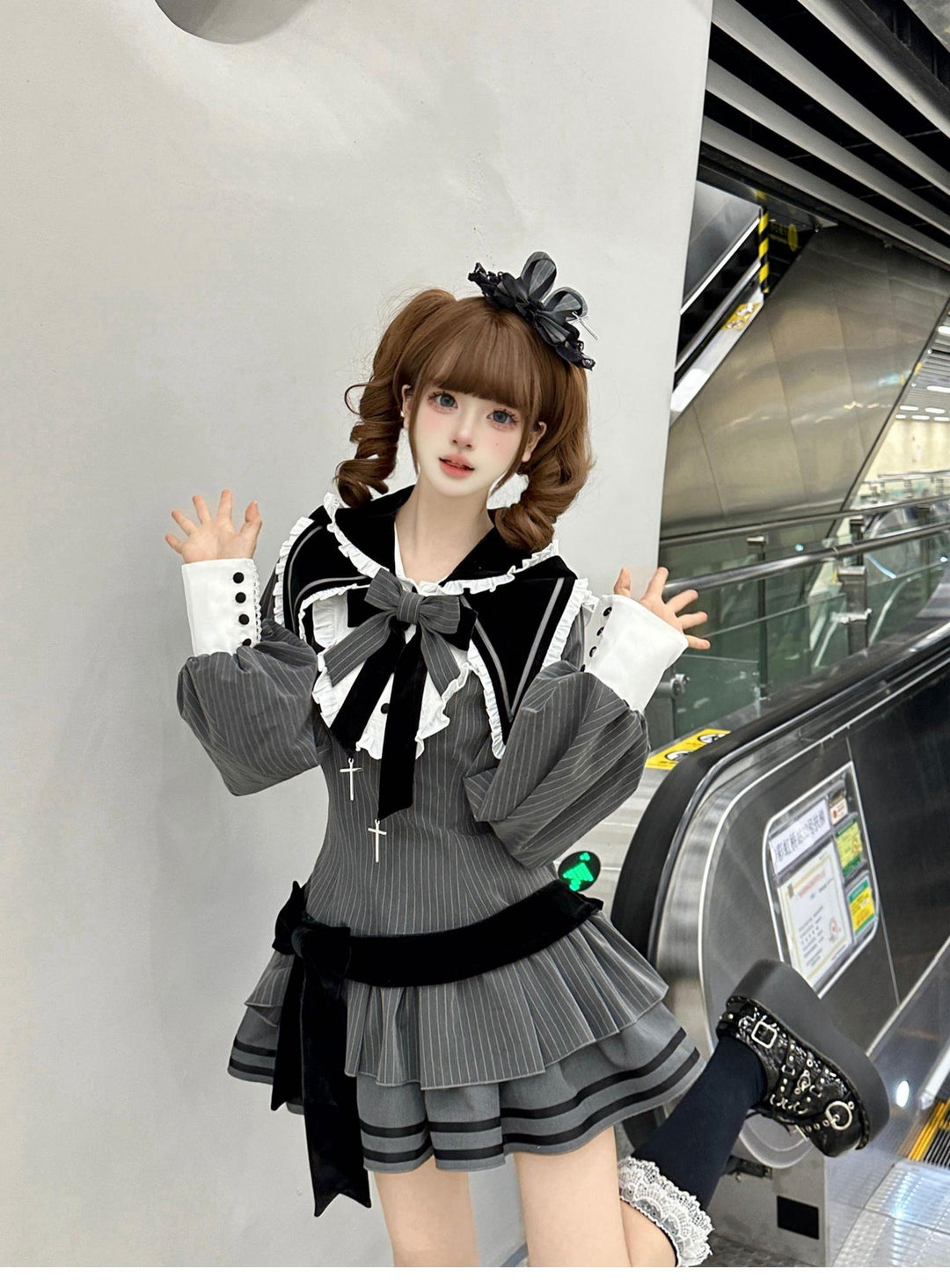 Kawaii Lolita Dress Grey OP With Long Bunny Ears and Plush Ball 42320:738108