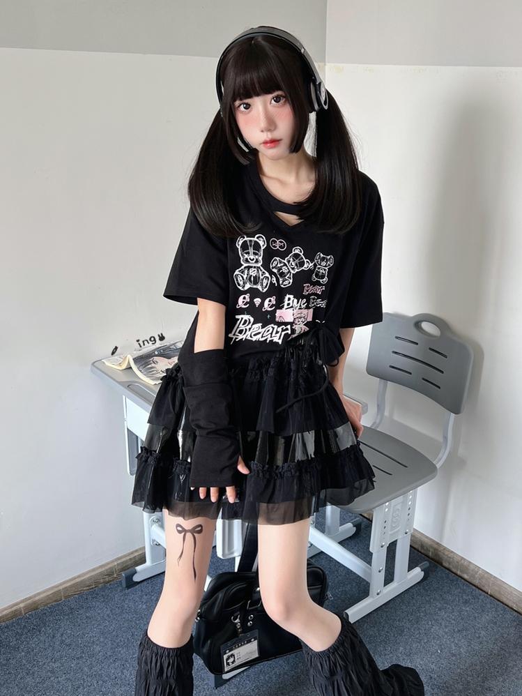 Jirai Kei T-shirt Bear Printed Short Sleeve Top For Summer 37570:563304