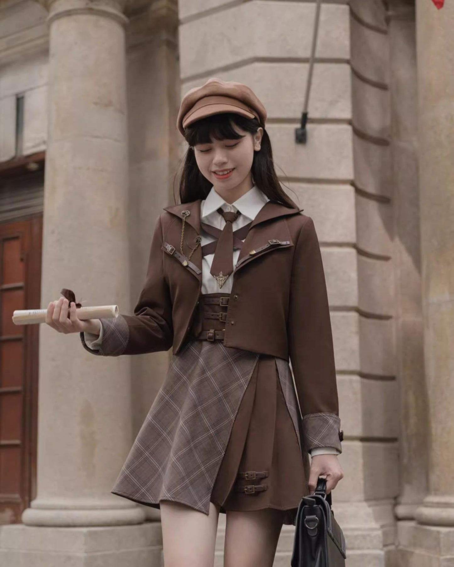 Preppy Style Brown Jacket Blouse Skirt Set 29528:354886