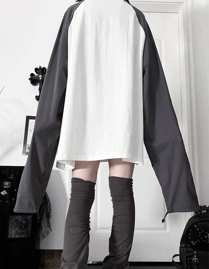 Gothic Long Sleeve Cotton T-Shirt, Demon Ram Embroidery 46062:875054
