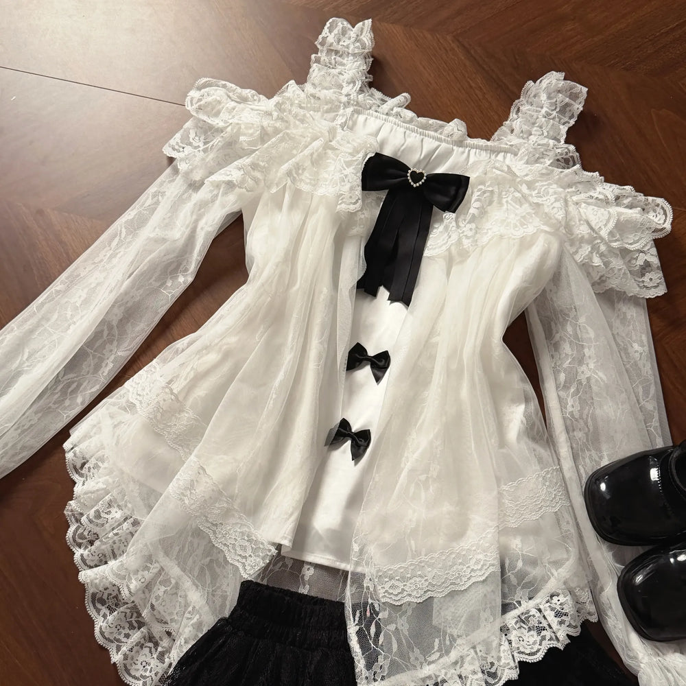 Lightweight Tulle Off Shoulder Blouse, Feather-Design Skirt (L M S) 45343:850522