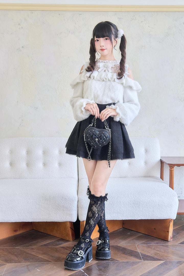 Jirai Kei Sweater Lace Frill Collar Knit Sweater With Bow 41680:711720