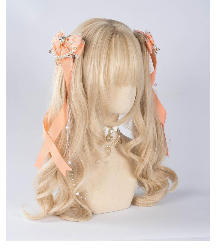 Jirai Kei Bow Hair Clip, Heart Rhinestone, Pearl Chain, Lace Trim 43501:778528