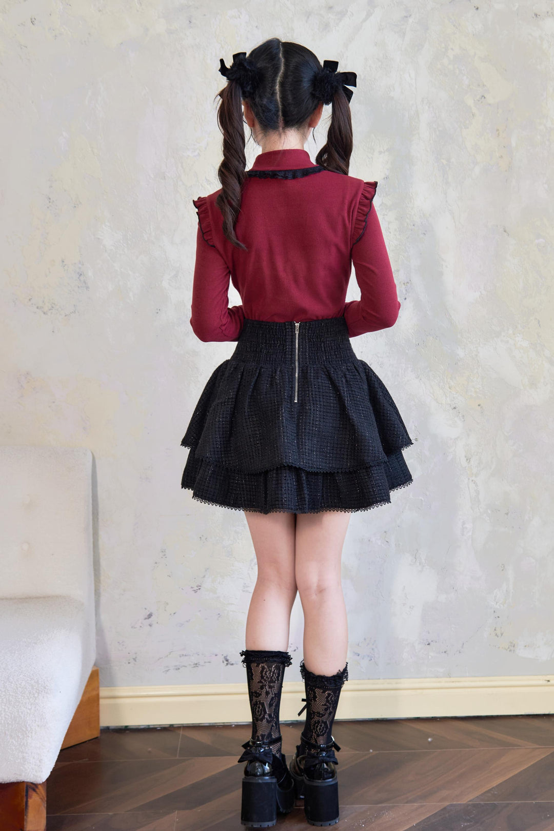 Jirai Kei Sweater Bow Decoration Knit Fleece Frill Top 41404:696656