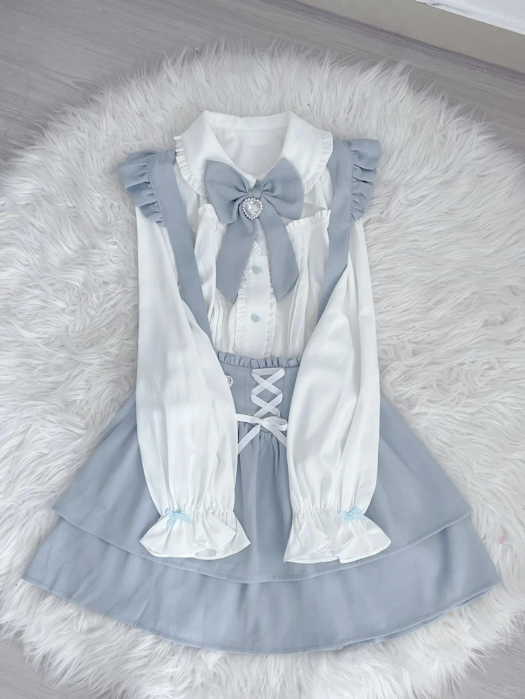 Jirai Kei White Blouse Lace-up Suspender Skirt 21838:760786