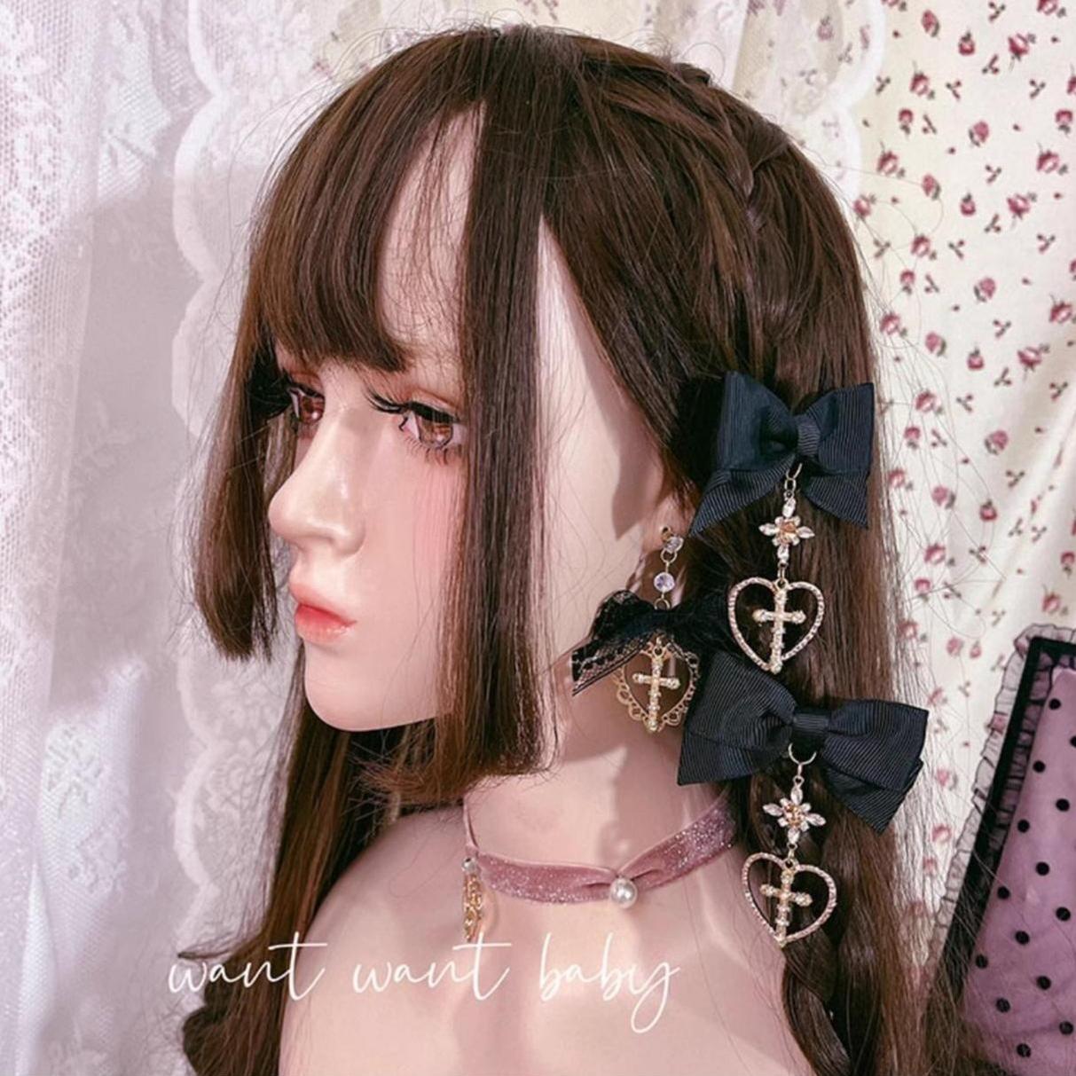 Jirai Kei Earrings Pink Black Lace Heart Cross Studs 35632:543660