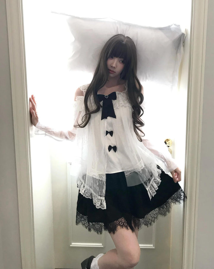 Lightweight Tulle Off Shoulder Blouse, Feather-Design Skirt 45343:850686