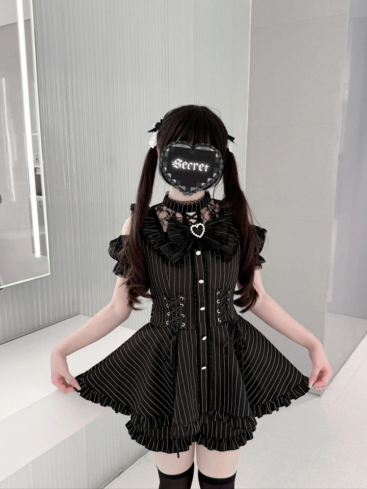 Jirai Kei Pure & Striped Black Dress, Open Shoulder 44960:834887