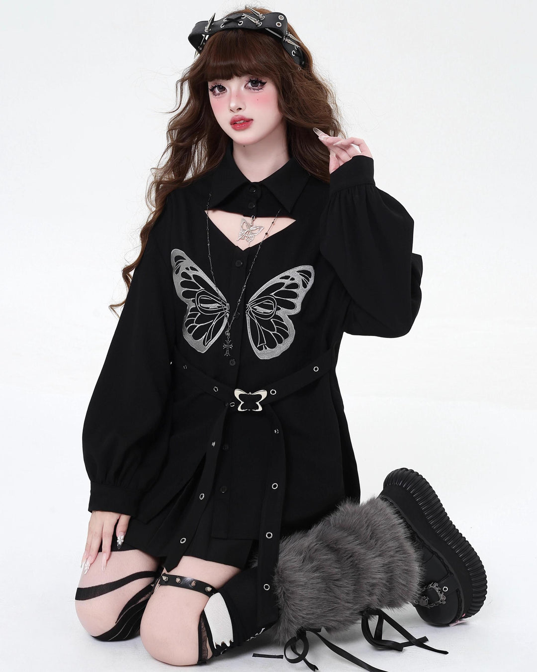 Gyaru blouse Subculture Embroidered Butterfly Shirt Long Sleeve Top 39690:634000