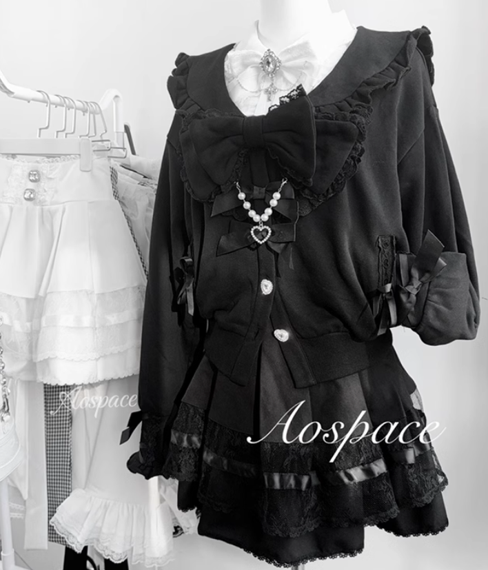 Jirai Kei Jacket Sailor Collar Coat With Lace Bow and Peal Chain 42148:730710