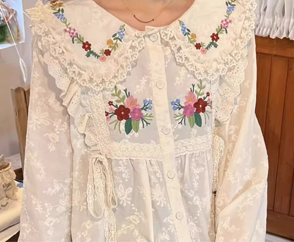 Mori Kei Blouse Flower Embroidery Shirt Anti-aging Top 36218:524758