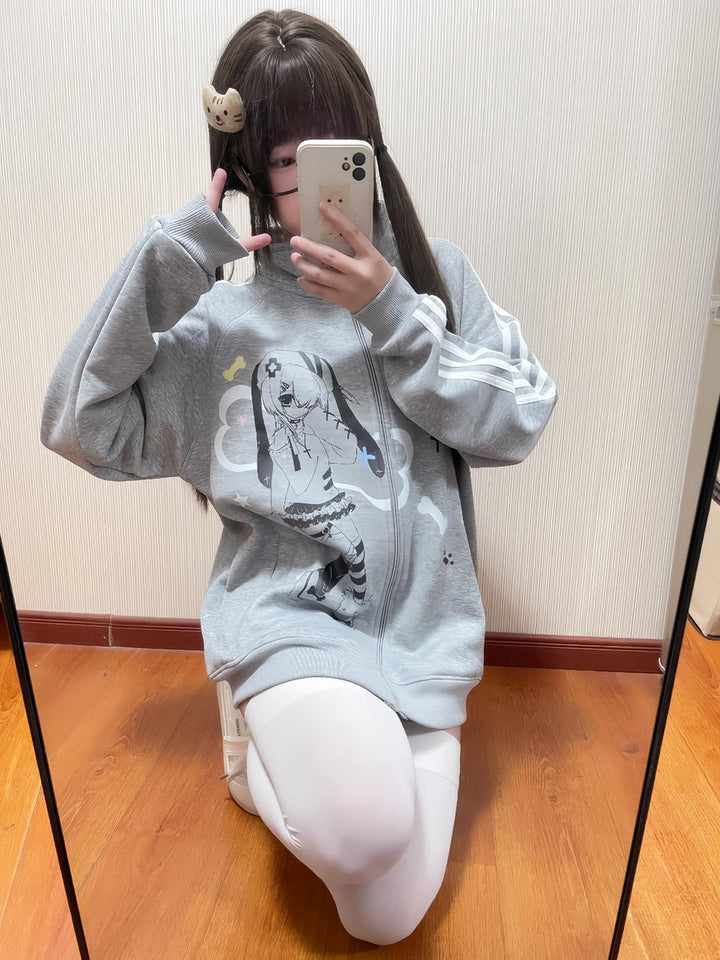 Plus Size Kawaii Jacket Grey Stand Collar Hoodie 35340:489214 35340:489214