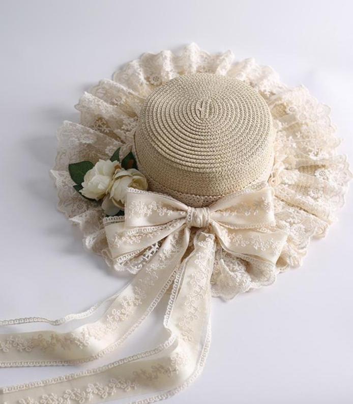 Mori Kei Sunhat Beige Country Lolita Hat With Lace Bow And Soft Straw 42247:734877