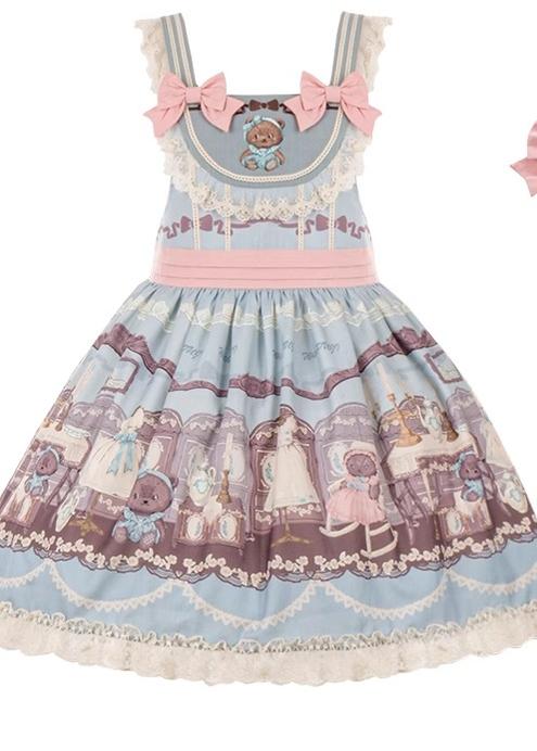 Blue White Lolita Dress Little Bear Embroidered 3-Style Dress (L M) 32062:382604 (L M) 32062:382604