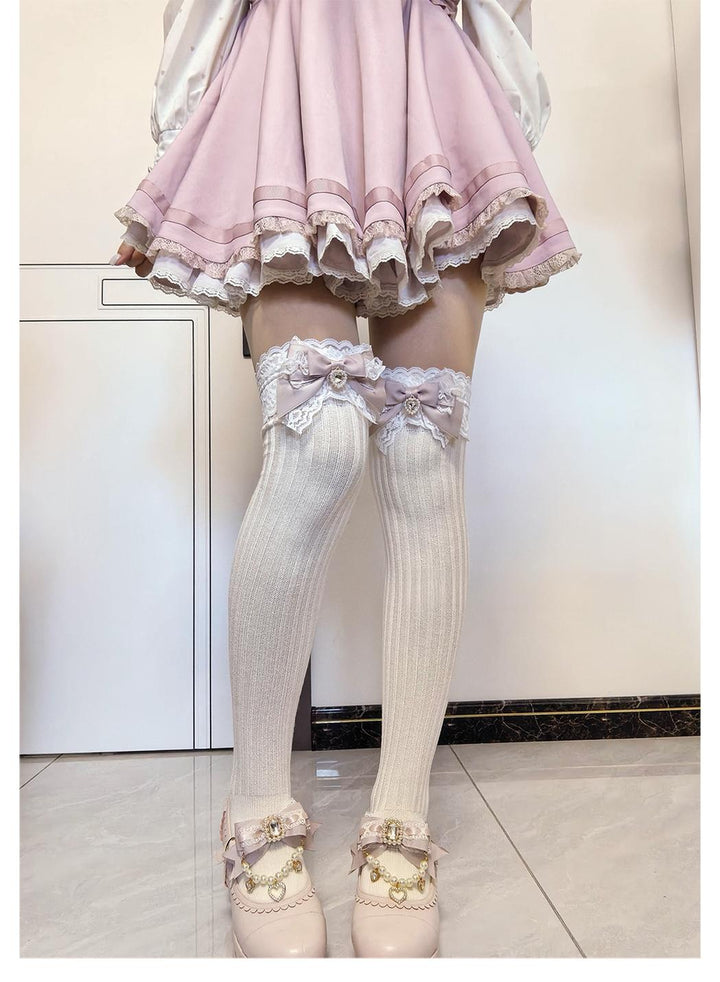 Jirai Kei Over-the-Knee Knit Socks, Bow & Lace 46069:875532