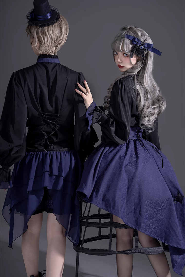 Ouji Lolita Prince Outfit Navy Blue Lolita Blouse Skirt Set 39360:633362