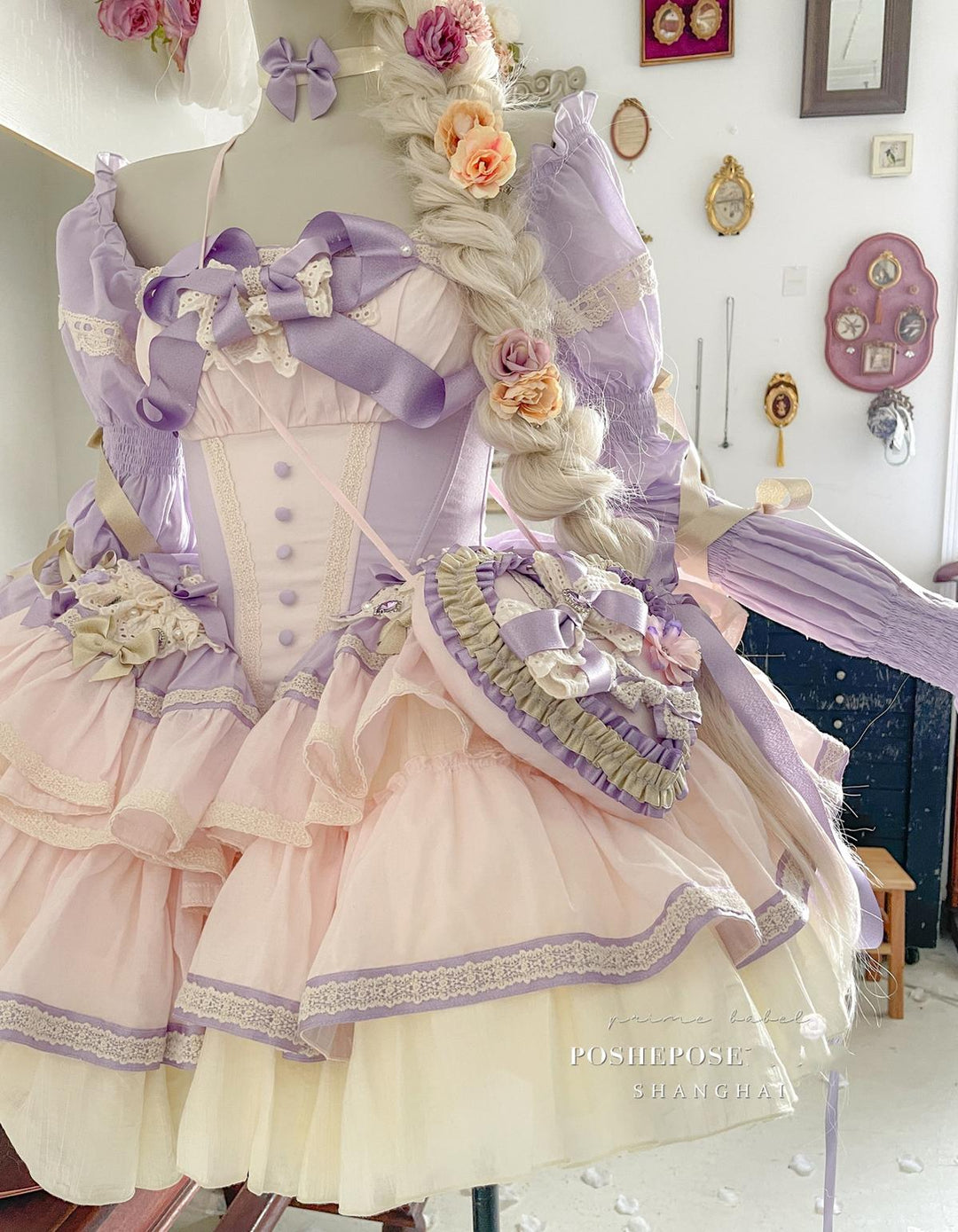 Lolita Dress Set Sweet Violet Pink Puffy Dress Corset Dress 36388:554808 36388:554808