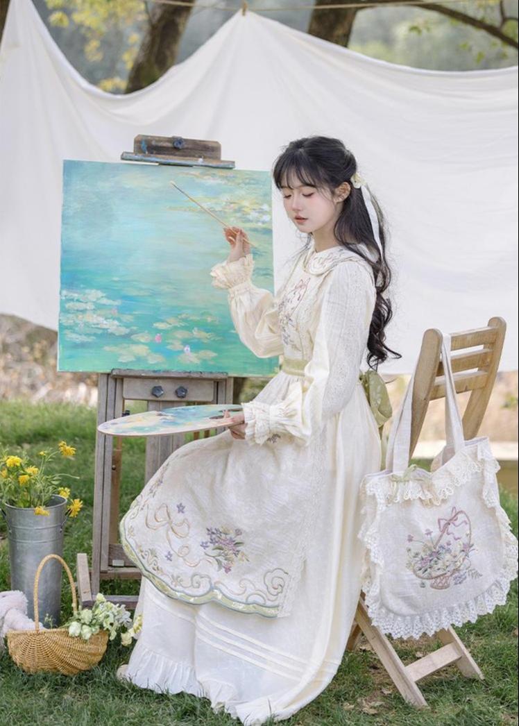 Cottagecore Dress Mori Kei Dress Set Embroidered Cotton Set 36238:527694