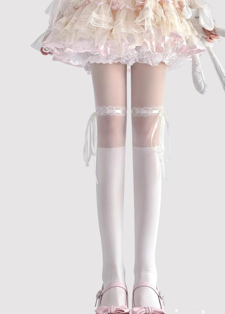 Lolita Socks Thin Lace Splice Thigh-high Socks White Black Silk (Beige) 36622:526510 (Beige) 36622:526510