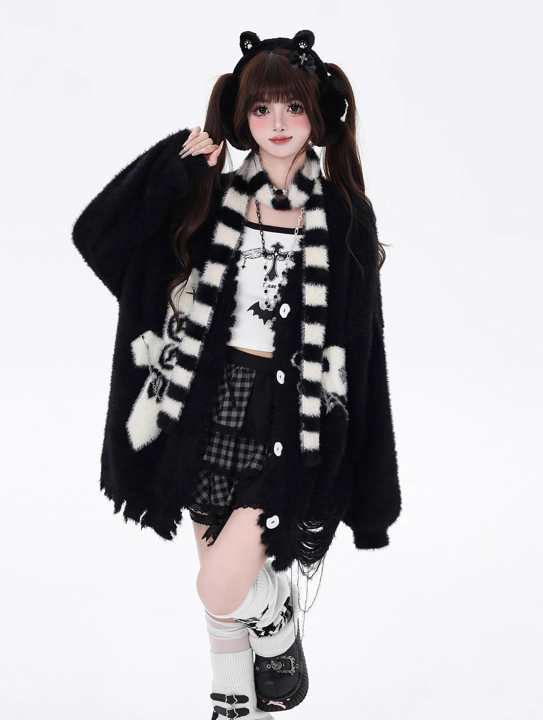 Subculture Sweater Irregular Hem Cardigan With Striped Scarf 40922:680458