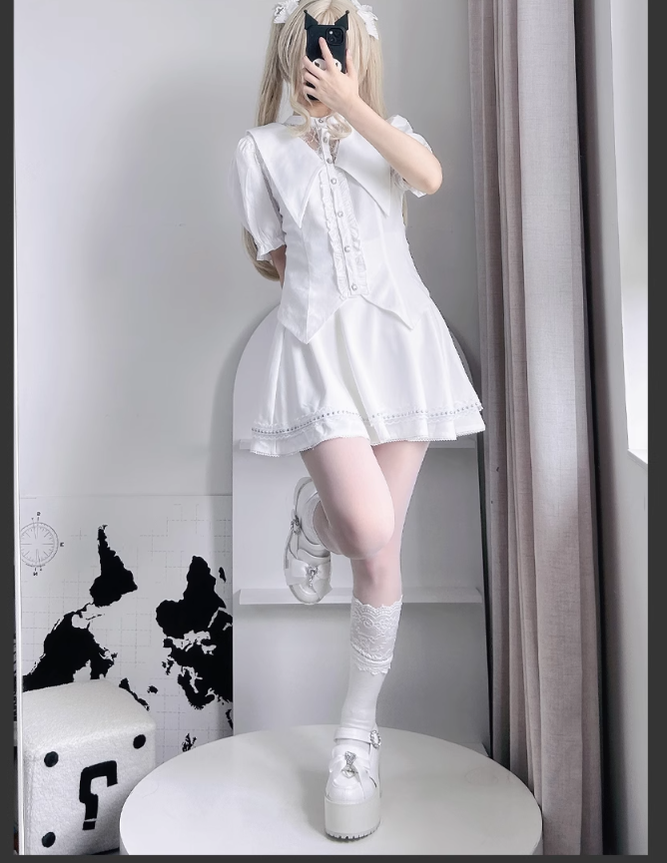 Jirai Kei Dress Angel Wing Collar Blouse Double Layered Skirt 39538:634870