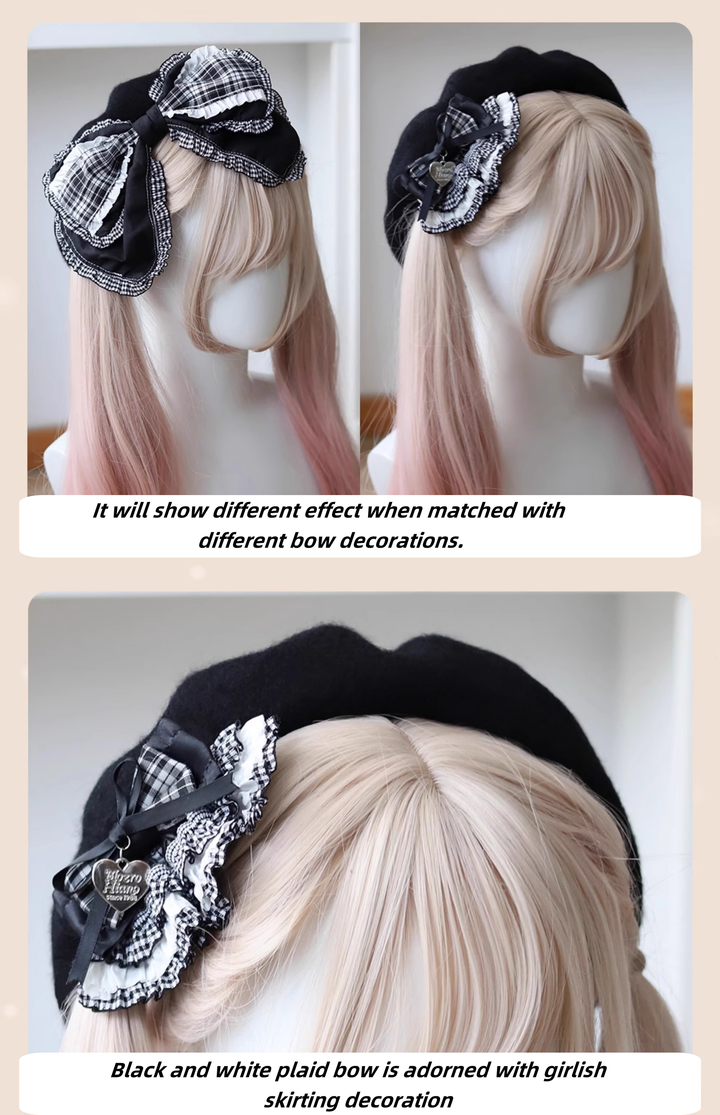 Lolita Beret Retro Bow Hat Black And White Plaid Hat 39650:635572