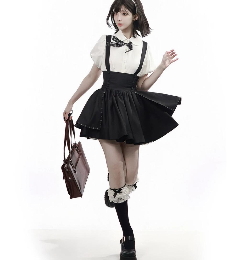 Academia Bubble Sleeve Blouse, Elastic Waist Suspender Skirt 45875:866400