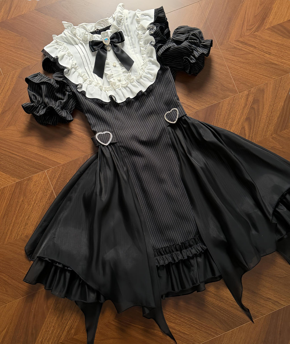 Jirai Kei Striped Open Shoulder Dress, Irregular Tulle Hem (L M S) 45347:849432