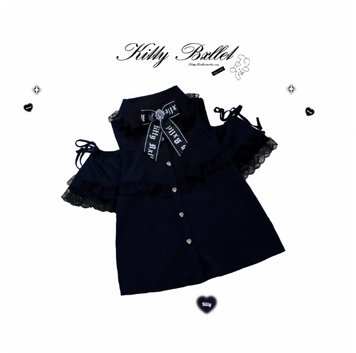 Jirai Kei Shirt Lace Open-shoulder Blouse Short Sleeve Top (M S) 36782:769250