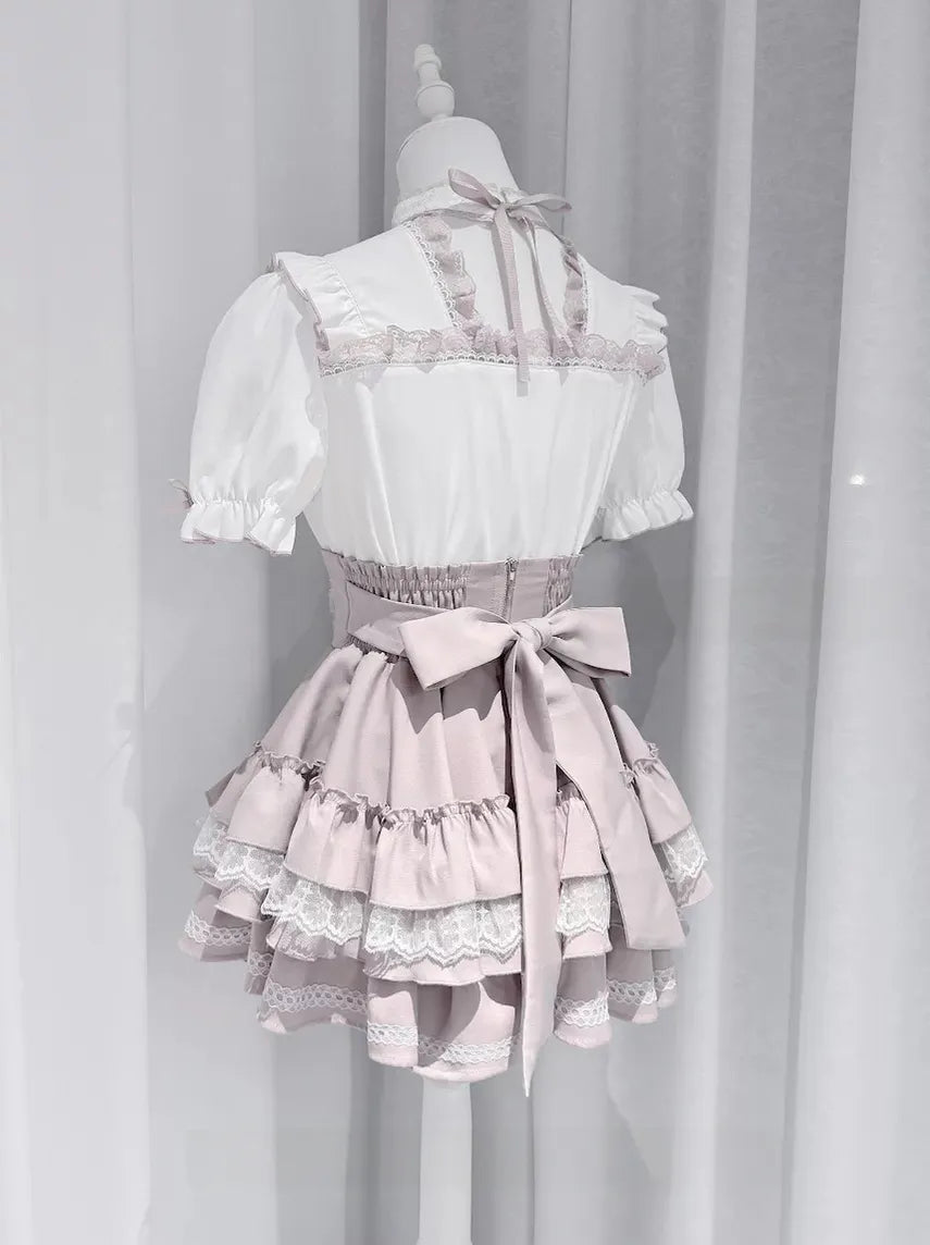 Jirai Kei Heart Lace Collar Blouse, High-waisted Tiered Skirt 45726:862774