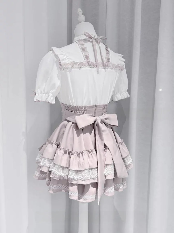 Jirai Kei Heart Lace Collar Blouse, High-waisted Tiered Skirt 45726:862774