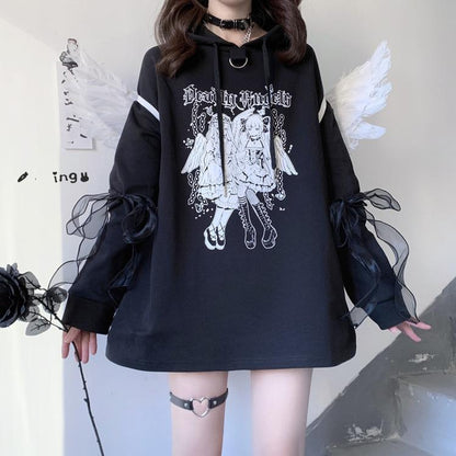 Jirai Kei Hoodie Black Top Angel Printed Hoodie Lace Up 37572:563138